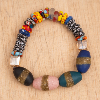 Recycled glass beaded stretch pendant bracelet, 'Majestic Luster' - Stretch Bracelet with Recycled Glass Beads in Various Shapes