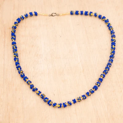 Beaded long strand necklace, 'Cobalt Charm' - Blue Yellow Layering Glass Beaded Long Strand Necklace