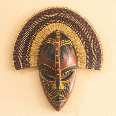 African wood and natural fiber wall mask, 'Kusunga' - Hand-Carved Painted Woven Wood and Raffia Fiber Wall Mask