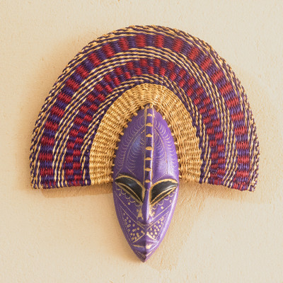 African wood and natural fiber wall mask, 'Uhie' - African Wood and Raffia Fiber Wall Mask in Purple Shades