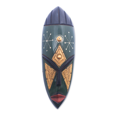 African embossed wood wall mask, 'Sheke' - Brass-Embossed Hand-Carved and Painted Sese Wood Wall Mask
