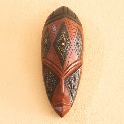 African embossed wood wall mask, 'Yayi' - Wood Wall Mask with Embossed Brass and Aluminum Accents