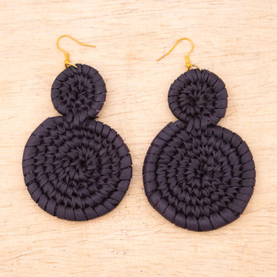 Natural fiber statement earrings, 'Woven Discs' - Purple Statement Earrings with Double Handwoven Raffia Discs