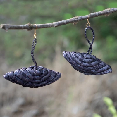 Natural fiber dangle earrings, 'Woven Dame' - Woven Natural Raffia Fiber Hook Dangle Earrings in Black