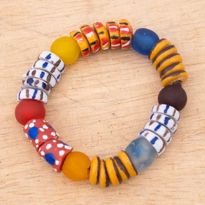 Recycled glass beaded stretch bracelet, 'Colors and Textures' - Stretch Bracelet with Painted Textured Recycled Glass Beads