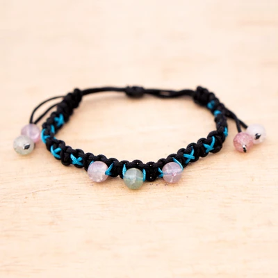 Quartz beaded macrame bracelet, 'Shambhala of Luck' - Woven Quartz Beaded Macrame Bracelet in Black and Turquoise