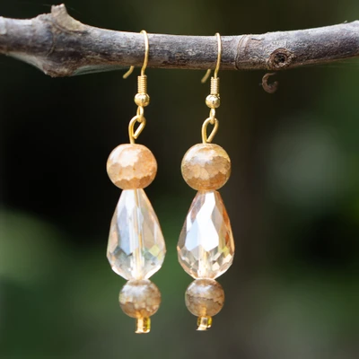 Glass beaded dangle earrings, 'Golden Whisper' - Golden-Palette Glass Beaded Dangle Earrings with Brass Hooks