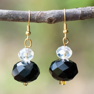 Glass beaded dangle earrings, 'Original Beauty' - Artisan-Made Glass Beaded Dangle Earrings in Black & White