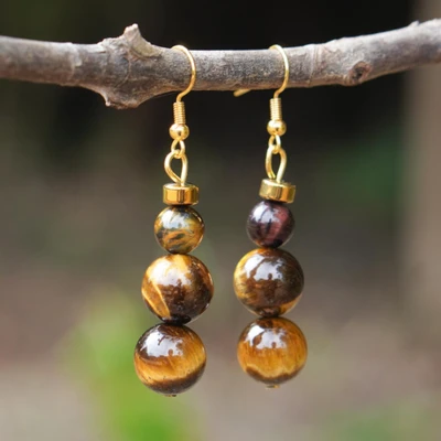 Tiger's eye beaded dangle earrings, 'Treasured Eyes' - Tiger's Eye Gemstone Beaded Dangle Earrings with Brass Hooks