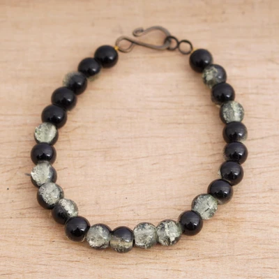 Onyx beaded bracelet, 'Vestiges of Power' - Pale Green & Black Onyx Gemstone Bracelet with Hook Clasp