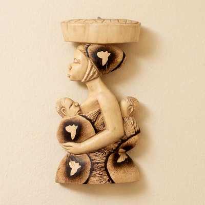 Wood wall art, 'The Nurturing Spirit' - Pyrography Wood Wall Art of a Ghanaian Mother and Children
