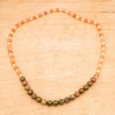 Sunstone and unakite beaded necklace, 'Savanna Blush' - Sunstone and Unakite Beaded Necklace in a Bohemian Style