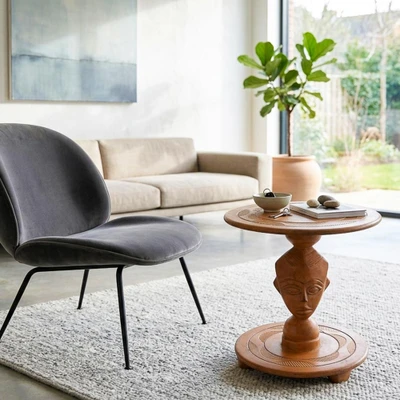 Wood side table, 'Aseda Visage' - Handmade Folk Art-Inspired Sese Wood Side Table from Ghana