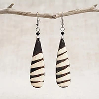 Hand-carved batik dangle earrings, 'Ancestral Stripes' - Striped Bohemian Batik Dangle Earrings Hand-Carved in Ghana