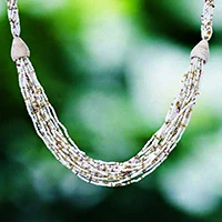Recycled glass beaded long torsade necklace, 'Milky Glam' - White Handmade Recycled Glass Beaded Long Torsade Necklace