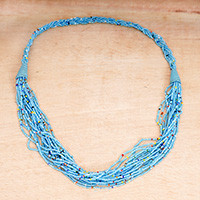 Recycled glass beaded long torsade necklace, 'Sky Blue Glam' - Recycled Glass Beaded Long Torsade Necklace in Sky Blue Hue