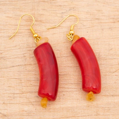 Recycled glass and agate dangle earrings, 'Graceful Romance' - Red Recycled Glass Beaded Dangle Earrings with Agate Gems