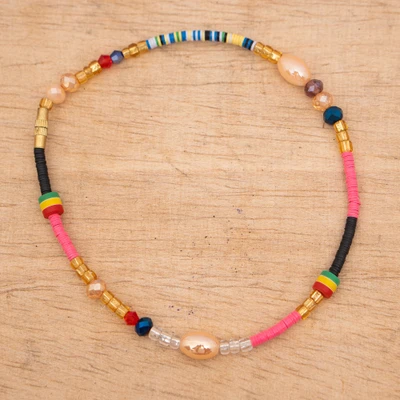 Recycled glass and brass beaded anklet, 'Honorable Pink' - Artisan-Made Pink and Golden Recycled Glass and Brass Anklet