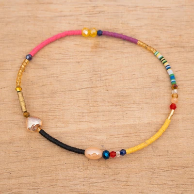 Recycled glass and brass beaded anklet, 'Honorable Shades' - Bohemian-Inspired Recycled Glass and Brass Beaded Anklet