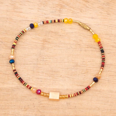 Recycled glass and brass beaded anklet, 'Honorable Flame' - Red & Yellow Glass Beaded Anklet with Brass Barrel Clasp