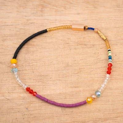Recycled glass and brass beaded anklet, 'Honorable Whispers' - Multicolor Recycled Glass and Brass Beaded Anklet from Ghana