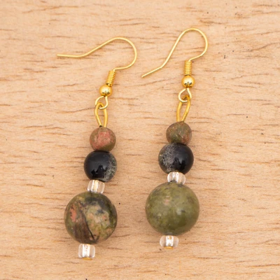 Unakite and quartz beaded dangle earrings, 'Precious Meadow' - Sylvan-Palette Unakite and Quartz Beaded Dangle Earrings