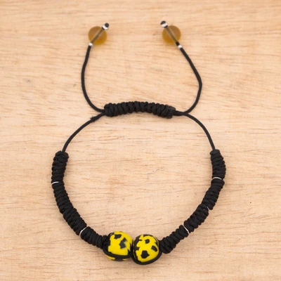 Recycled glass beaded macrame bracelet, 'Rich Shambhala' - Yellow and Black Macrame Bracelet with Recycled Glass Beads