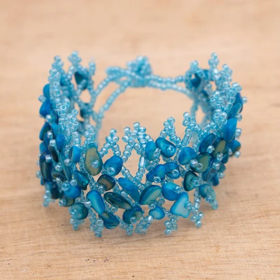 Recycled glass beaded bracelet, 'Oceanic Dzidzor' - Artisan-Made Recycled Glass Beaded Bracelet in Blue Hues