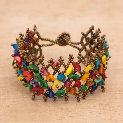 Recycled glass beaded bracelet, 'Summer Dzidzor' - Antiqued Gold-Toned Bracelet with Multicolor Glass Beads