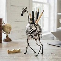Papier mache and calabash gourd pen holder, 'Striped Tools' - Whimsical Zebra-Themed Dried Gourd & Papier Mache Pen Holder