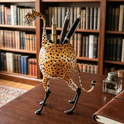 Papier mache and calabash gourd pen holder, 'Leopard Office' - Painted Papier Mache and Calabash Gourd Leopard Pen Holder