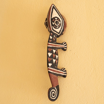 African wood wall mask, 'Chroma Chameleon' - Chameleon-Themed Handmade African Wood Wall Mask from Ghana