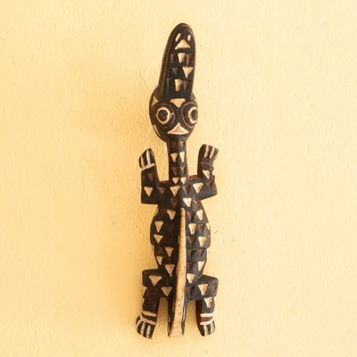 Wood wall art, 'Lizard Shadows' - West African Crocodile Wall Art Made from Painted Sese Wood