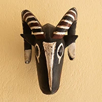 African wood wall mask, 'Striped Ram' - Ram-Horned African Wood Wall Mask Handcrafted in Ghana