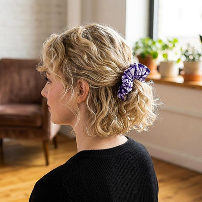 Cotton scrunchie, 'Tinted Beauty' (large) - Purple & White Abstract Patterned 100% Cotton Scrunchie