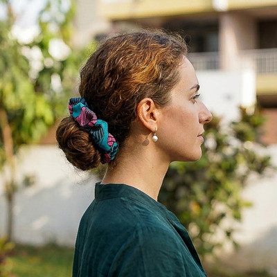 Cotton scrunchie, 'Graceful Waves' (small) - Small-Sized Blue and Pink Patterned 100% Cotton Scrunchie