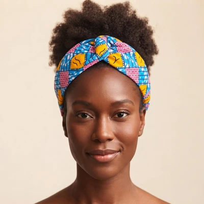 Cotton headband, 'Sky Queen' - Geometric-Patterned Blue and Yellow 100% Cotton Headband