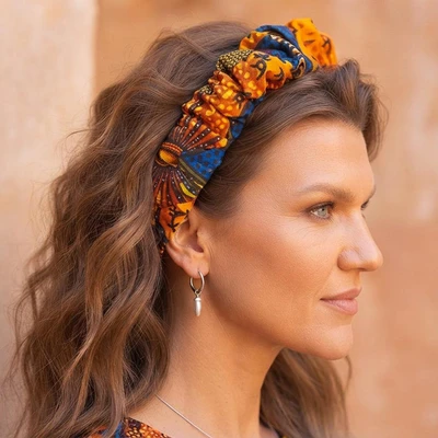 Cotton headband, 'Sunset Princess' - Mango Yellow & Blue Cotton Headband with Sun-Themed Pattern