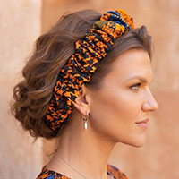 Cotton headband, 'Feline Locks' - Houndstooth-Patterned Orange and Black 100% Cotton Headband