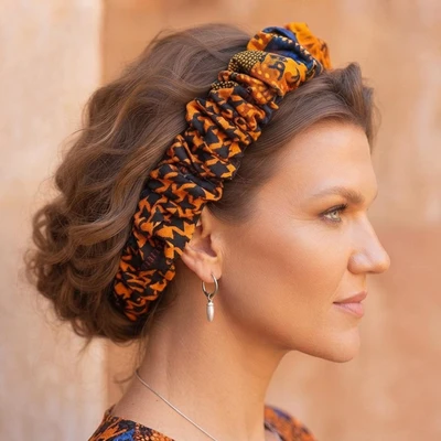Cotton headband, 'Feline Locks' - Houndstooth-Patterned Orange and Black 100% Cotton Headband