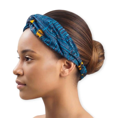 Cotton headband, 'Azure Style' - Blue Wide Cotton Headband and Bandana Handcrafted in Ghana