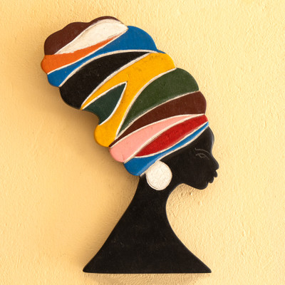 Wood wall art, 'Savanna Crown' - Inspirational Multicolor Sese Wood Queen Wall Art from Ghana