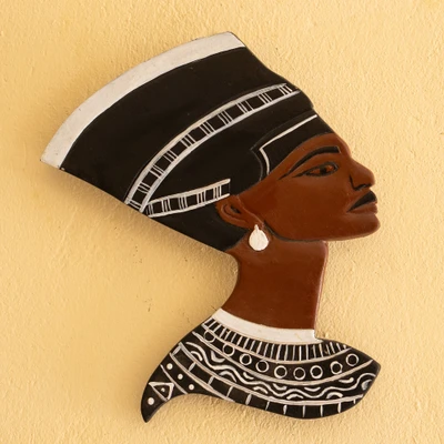 Wood wall art, 'Nile Crown' - Queen Nefertiti Sese Wood Wall Art Painted & Carved by Hand