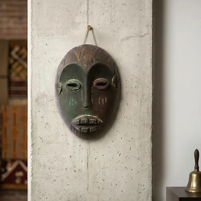 African wood wall mask, 'Sole Odehye' - Traditional African Sese Wood and Ceramic Mask from Ghana