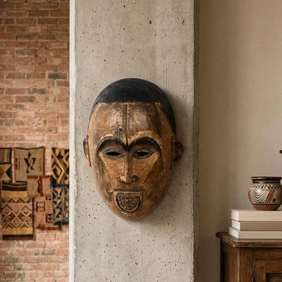 African wood wall mask, 'The Animuonyam' - Ghanaian-Made Sese Wood and Ceramic Wall Mask in Earthy Hues