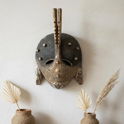 African wood wall mask, 'Beloved Past' - Hand-Painted African Wood Wall Mask with Ceramic Details