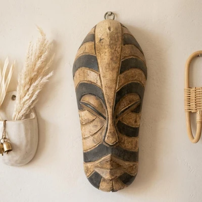 African wood wall mask, 'Striped Champion' - Striped Sese Wood and Ceramic Wall Mask in an Earthy Palette