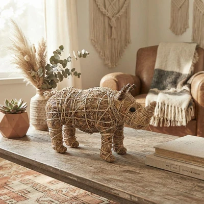 Rattan sculpture, 'Rustic Rhino' - Large Rhino-Shaped Rattan Sculpture Bound with Raffia Rope