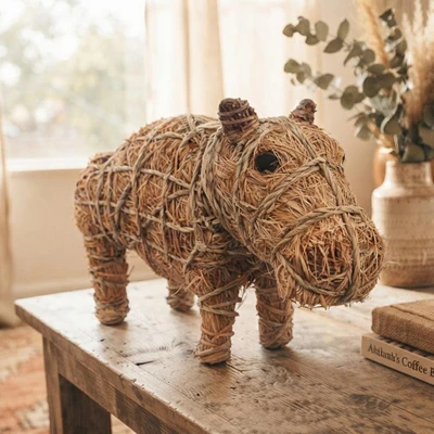 Rattan sculpture, 'Rustic Hippo' - Hippo-Themed Whimsical Rustic Rattan Raffia Rope Sculpture