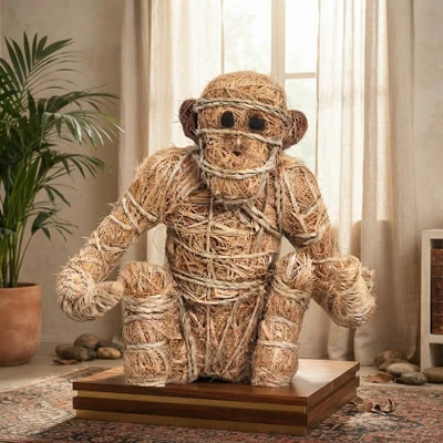 Rattan sculpture, 'Rustic Monkey' - Handmade Large Rattan Monkey Sculpture Tied with Raffia Rope